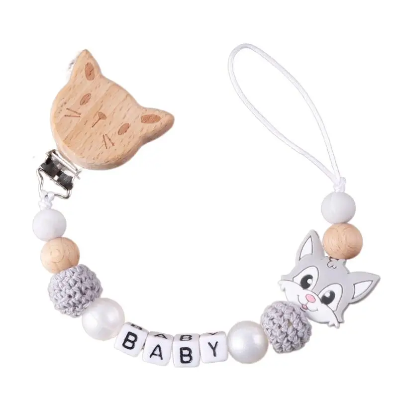 

New Personalized Baby Pacifier Clip Beech Wood Animal Clip Custom Name Teether Pacifier Anti-Drop Molar Chain Baby Toy