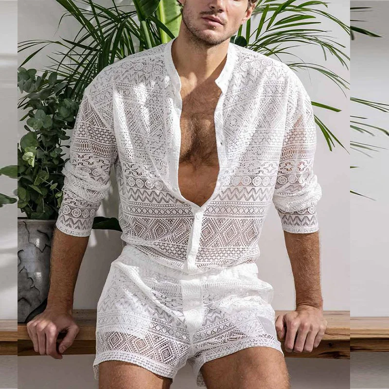 Fashion Breathable Comfortable Men's Suit Summer Button Splicing Cardigan Long Sleeve Shirt Shorts Casual Sports Two-piece Sets