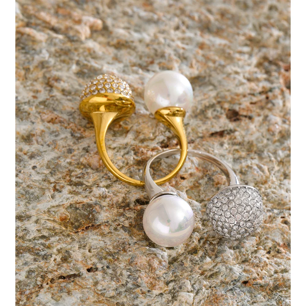 Yhpup Imitation Pearls Cubic Zirconia Round Open Adjustable Ring
