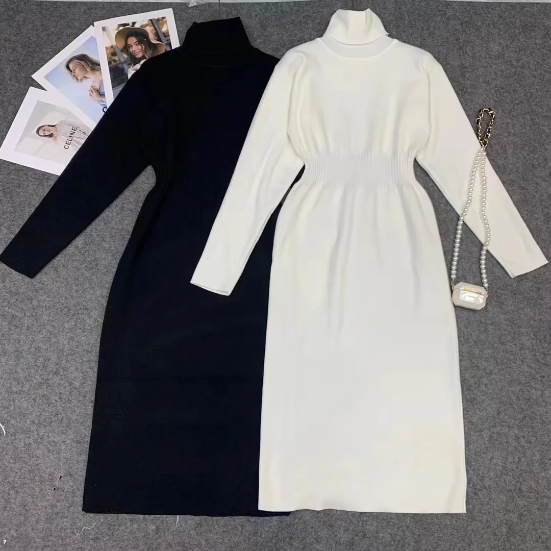 

Новинка женское длинное платье-свитер выше колена с высоким воротником осень-зима эластичное платье