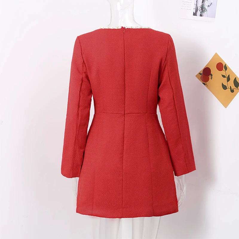 Elegant Tweed Short Party Dress Women Long Sleeve Square Collar Fake Pocket Evening Dresses Autumn Shiny Slim A-line Robes