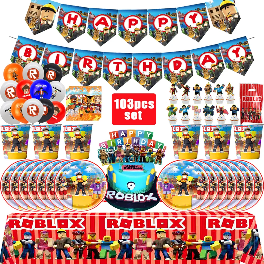 Roblox – ensemble de décoration de fête d'anniversaire, vaisselle de jeu, sac cadeau, nappe, ballon, décoration de gâteau, toile de fond pour bébé Showe Roblox, fournitures de fête