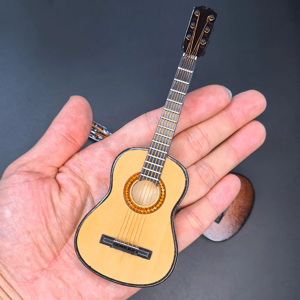 Wooden Miniature Guitar with Stand Miniature Musical Instrument Musical Instrument Replica for Miniature Model Decor Gift