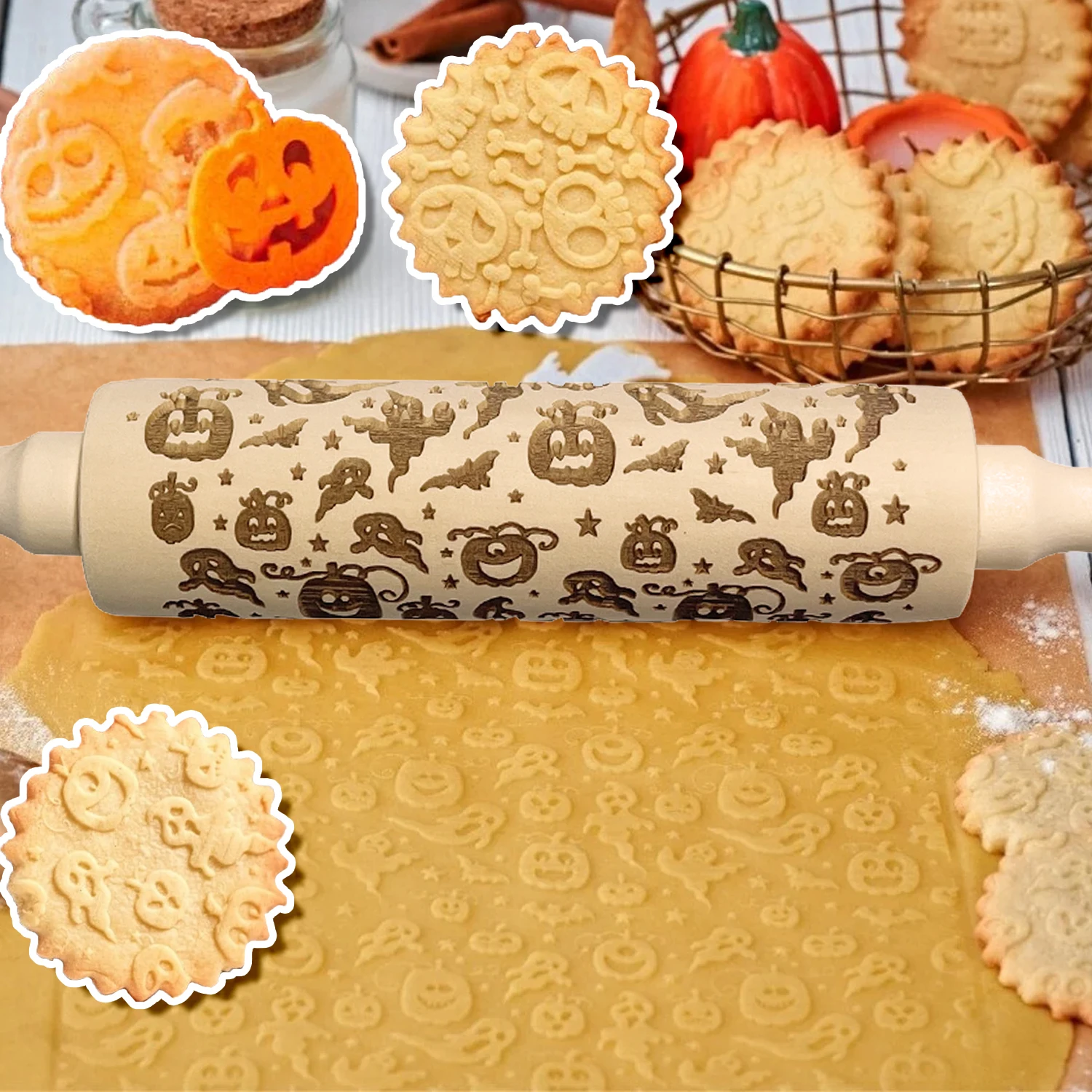 Halloween Rolling Pin with Pumpkin Skull Ghost, Wooden Embossed 3D Cookie Mold Laser Engraved DIY Baking Tools Dough Roller