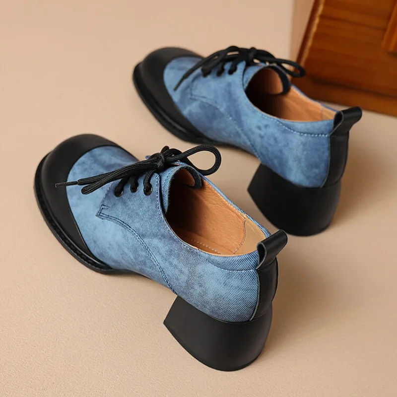 Genuine leather lace up single shoe round toe thick heel soft sole women's shoes versatile commuting casual shoes