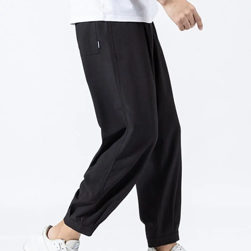 Solid Color Men Pants Ankle-length Smooth Wide Leg Ankle Tied Oversize Pants Sweatpants