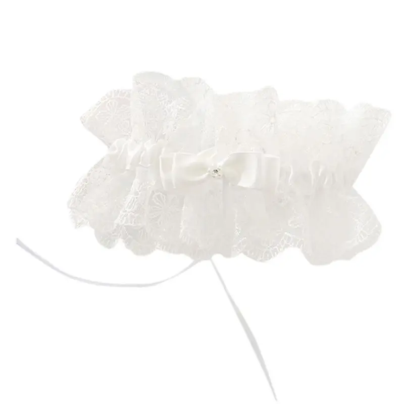 Womens Sexy Embroidery Floral Lace Thigh Garter Belt for Rhinestone Ribbon Bowknot Wedding Bride White Elastic Leg Ring