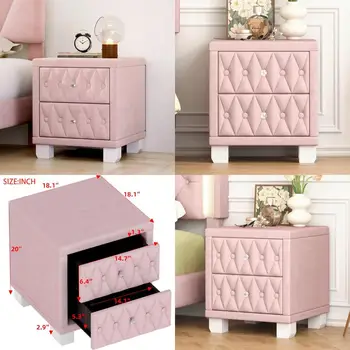Crystal Handle Velvet Nightstand with 2 Drawers, Button Tufted Pink End Table for Living Room, Stylish Storage Furniture 1