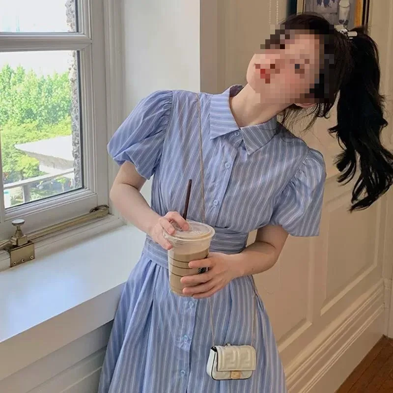 

Sky Blue Sweet Mini Dress Cute Japanese Girl's Short Dress Striped Shirt Dress Women's Summer 2023 Small Fresh Ruffled Korean