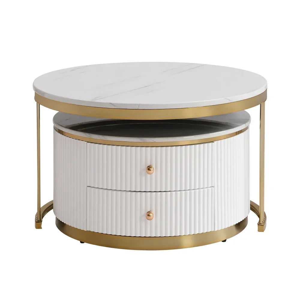 Caf&eacute; Tables, Modern 2 Piece White Round Nested Coffee Table with Drawers
