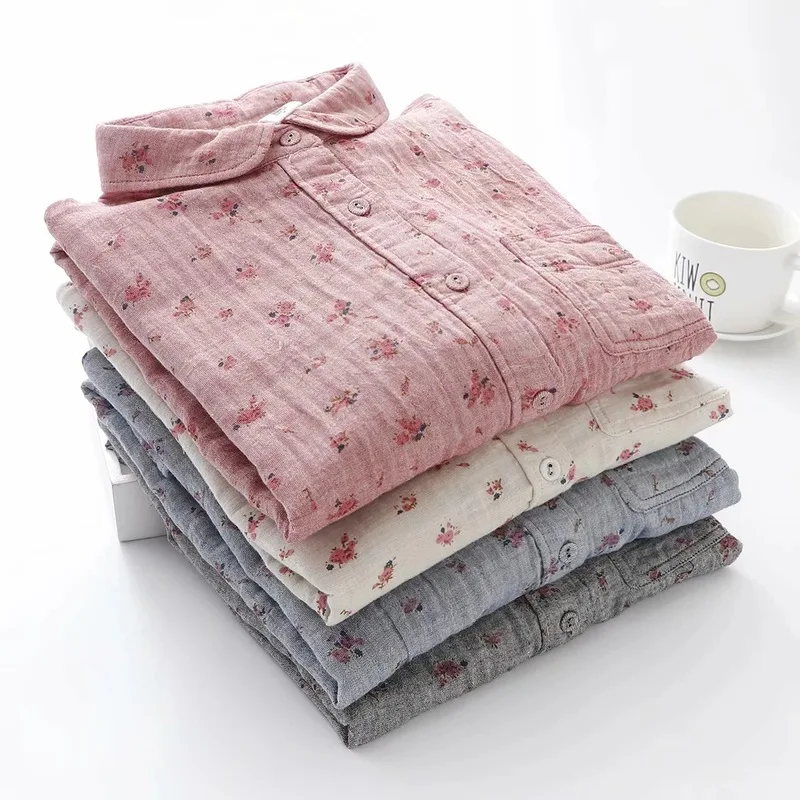 

Women Spring Autumn Cotton Shirts Fashion Art Style Turn-down Collar Long Sleeve Floral Print Warm Basic Blouses for Female 2021
