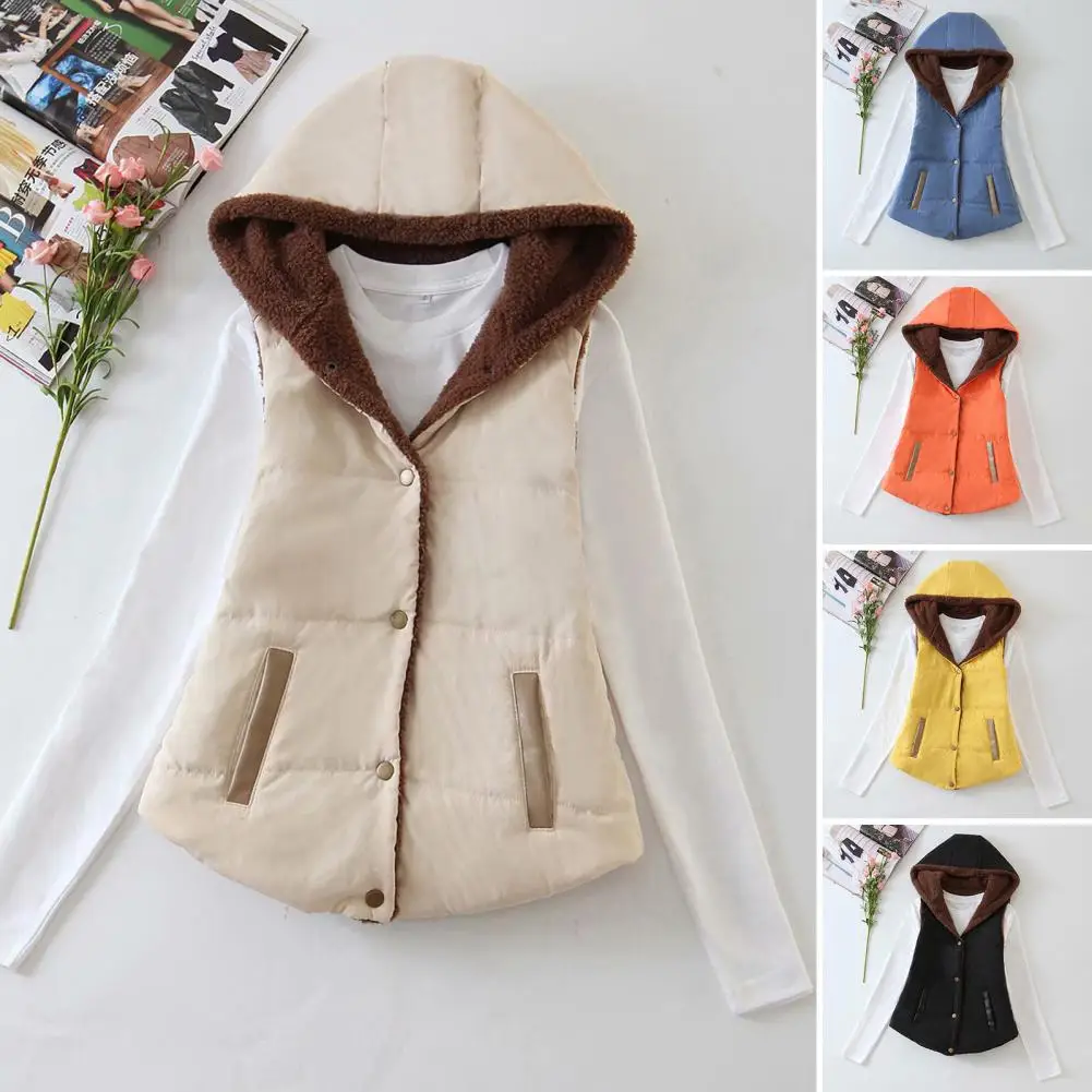 Single-Breasted Slant Pockets Candy Color Vest Overcoat Women Winter Hooded Velvet Lining Cotton Padded Waistcoat Outerwear