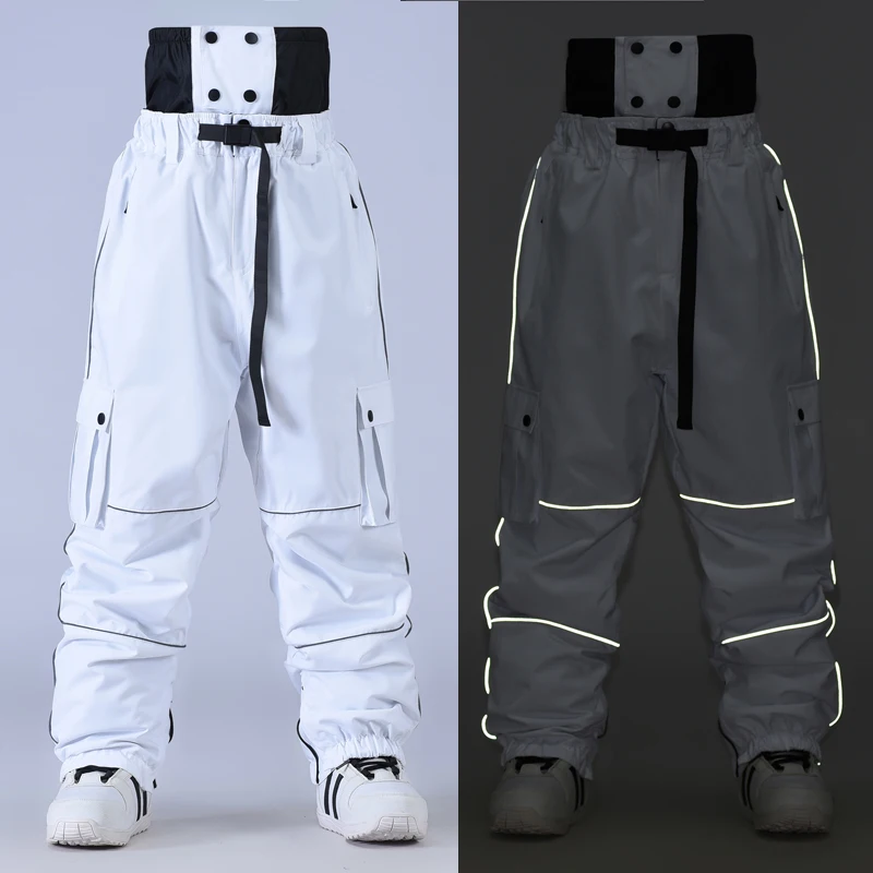 Winter Thick Ski Pants High Quality Straight Reflective Skiing Bib Men Women Warm Waterproof Windproof Outdoor Sports Snowboard