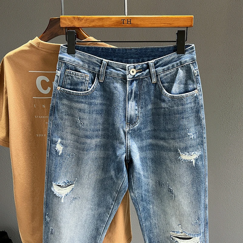 Ripped Jeans Men New Personality Fashion Vintage Blue Streetwear Baggy Denim Pants Casual Tapered Hole Frayed Trousers Male ripped jeans