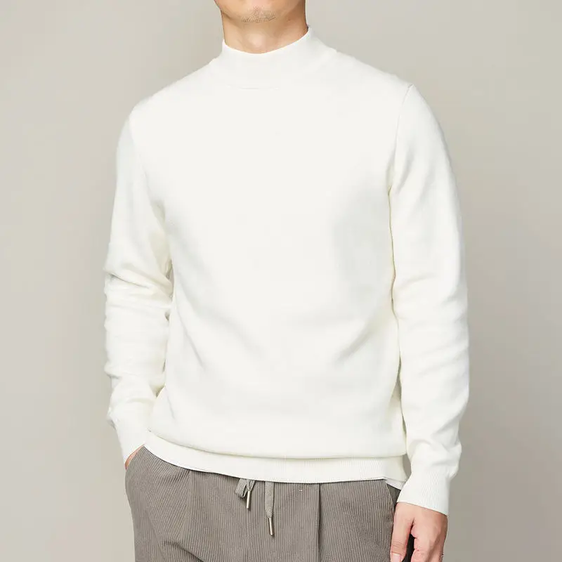 Men's Autumn Winter New Fashion Simple Solid Color Pullover Half High Neck Casual Versatile Long Sleeve Loose Sweater Knit Tops