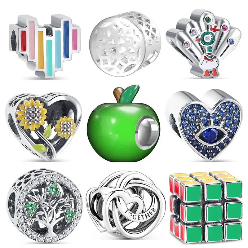 

2024 New Apple Rubik's Cube Peacock Pendants Charms Bead Fit Pendant Charm 925 Silver Original Bracelet Trinket DIY Jewelry