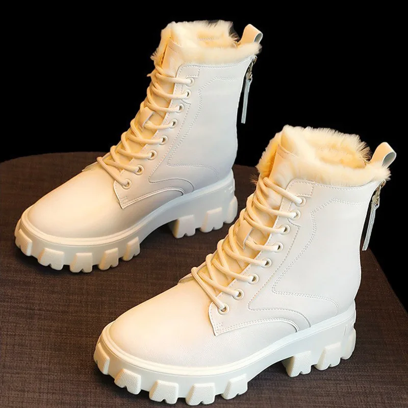 

Fleece Martin Boots Women Black Platform Double Zipper Snow Boots British Style Leather Warm Short Cotton Boot Winter