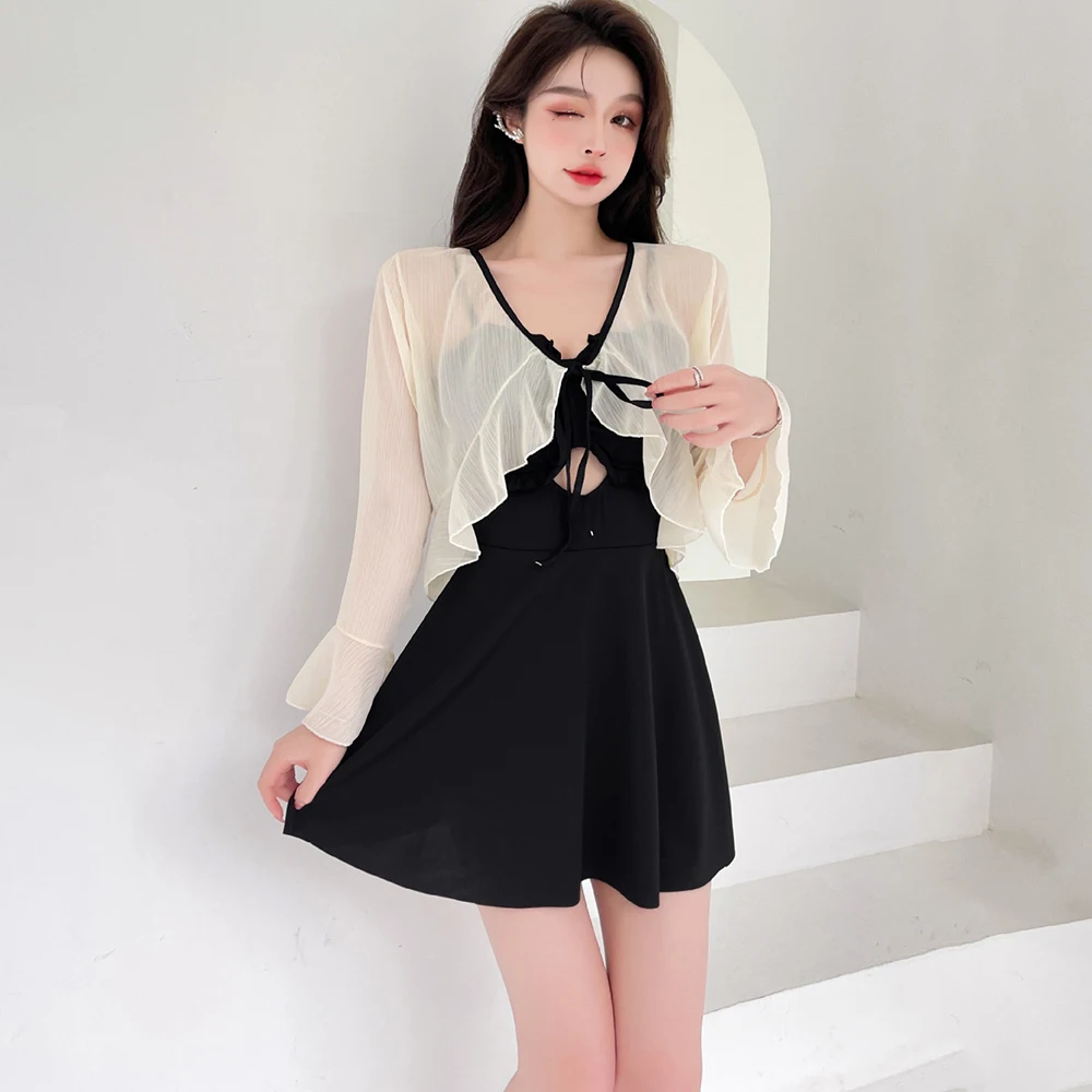 

Women Swim Dresses Solid Color Push Up Swimsuit Padded 2 Pieces Swimwear Bathing Suits with Sunscreen Shirt