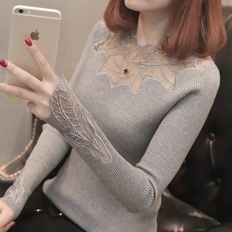 

Woman Sweaters Fall Winter Fashion Sexy Lace Stitching Hollow Sweater Slim Elastic Pullover Sweater For Women