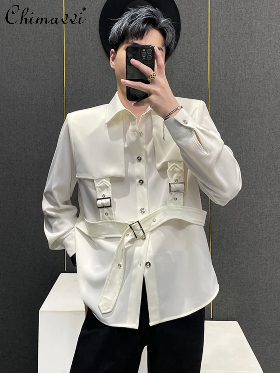 

New 2023 Autumn Clothes Belt White Shirt Men's Loose High-End Handsome Casual Mixed Shoulder Long-Sleeve Shirts Men Camisas