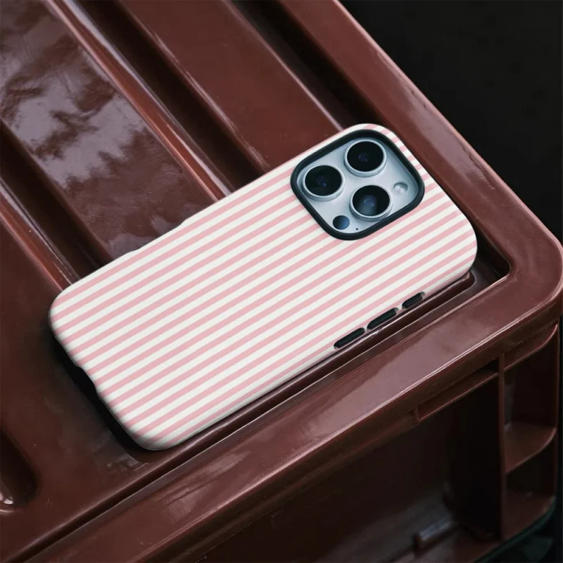 Chic Pink & White Striped Glossy Phone Case - Durable 2-in-1 Design