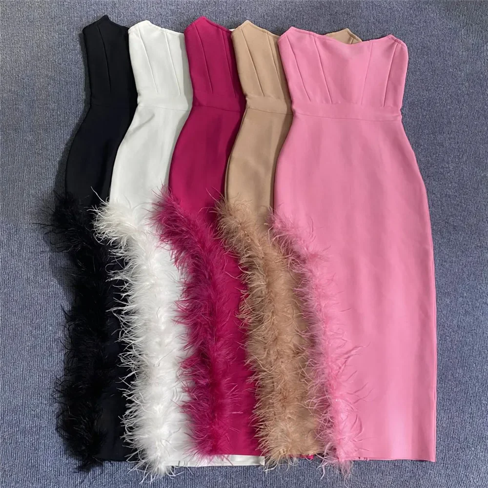 

5 Colors Long Bandage Dress for Women Strapless Open Leg Furry Border Runway Fashion Birthday Celebrity Evening Party Prom Gowns