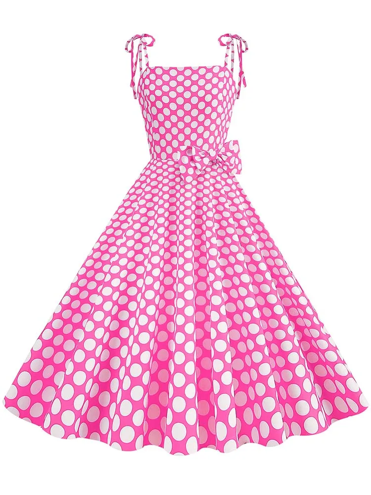 Pink A Line Spaghetti Straps Polka Dots 1950s Dress With Bowknot