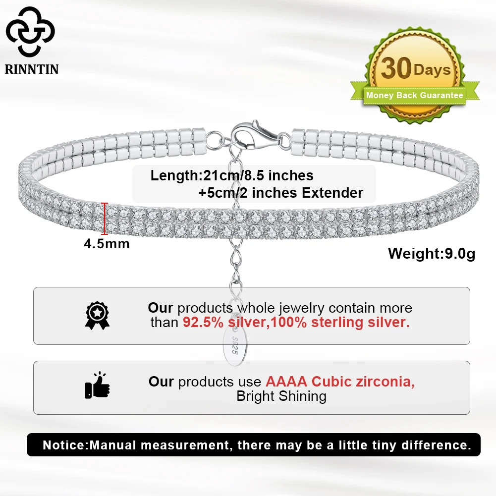 Rinntin Italian Sparkle Mirror Link Chain Anklet S925 Silver 2 Rows Shiny Tennis Anklet Women Foot Bracelet Ankle Jewelry SSA03