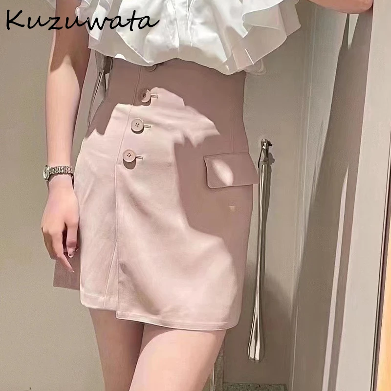 Kuzuwata 2023 Summer New Mujer Faldas Japanese High Waist Slim Jupes Irregular Button Solid Color Skirt Patchwork Culottes