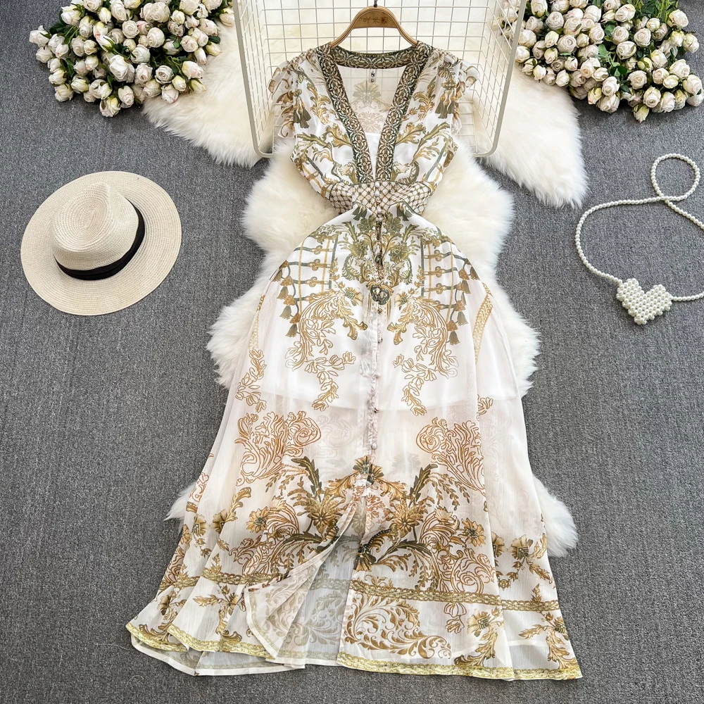 

Шифоновые длинные платья для женщин 2023, элегантное праздничное платье с винтажным принтом и V-образным вырезом спереди, летнее платье с оборками на рукавах