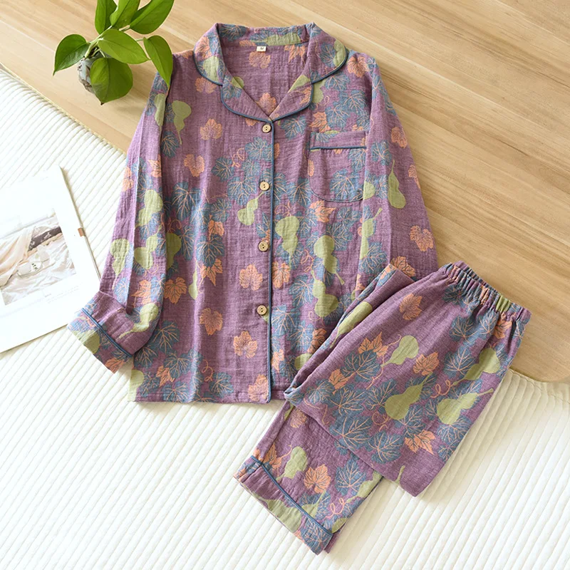 Autumn Cotton Yarn-dyed Retro Women's Pajamas Thin Long Sleeved Pants Home Clothing Set Woman 2 Pieces Sleepwear Home Clothes