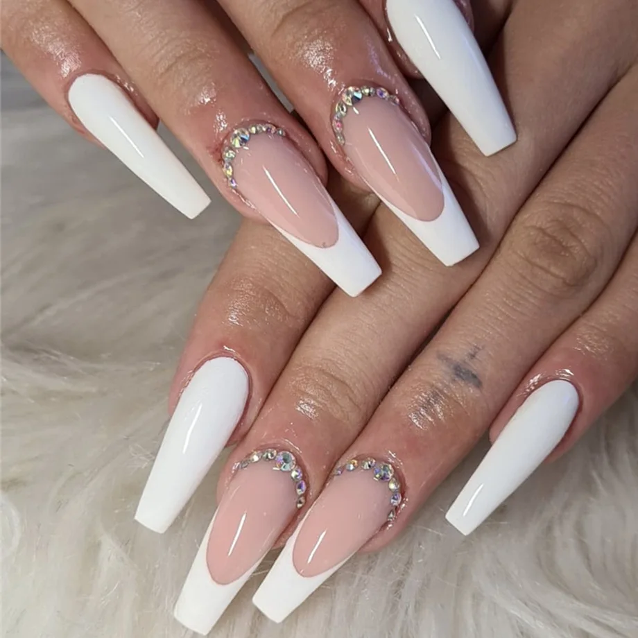 Press on Nails Medium Long Ballerina Coffin Nails Glitter White French Tip  | eBay