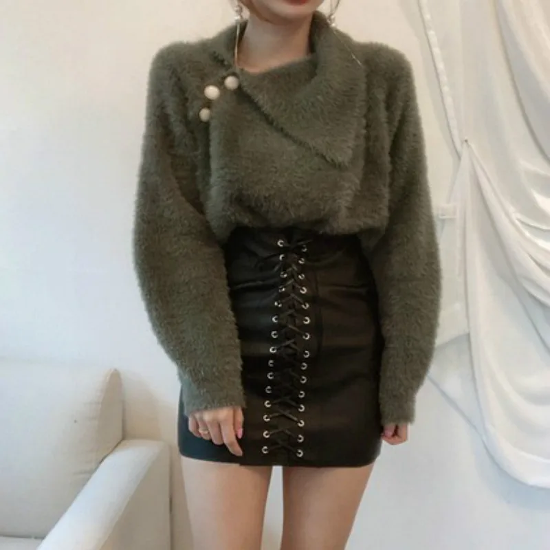 

Autumn Winter Turn Down Collar Pullover Sweater Women Sweet Sweaters New Ladies Soft Fluffy Button Knitted Tops Green White