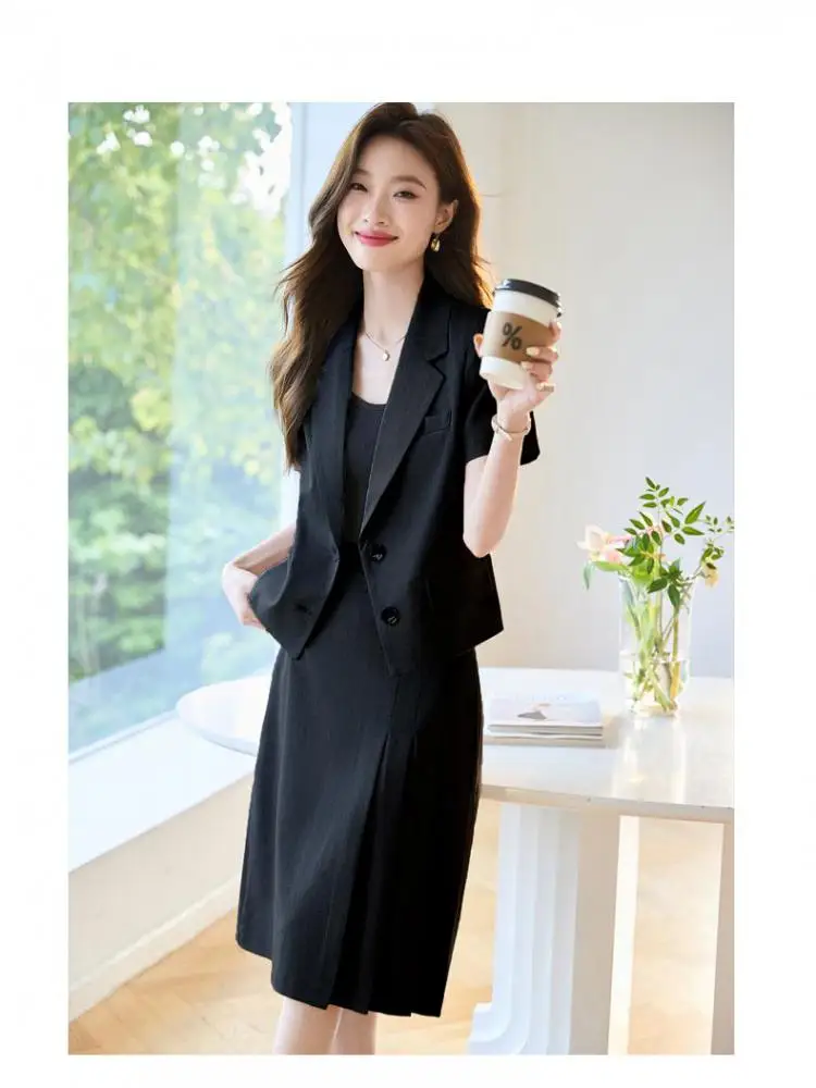 블랙 그레이 2024 반팔, 오피스 레이디 워크 싱글 브레스트 블레이저 코트, 하..