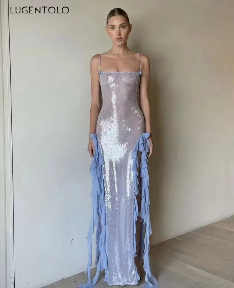 

Lugentolo Women Sexy Sequins Dress Party Ruffles Romantic Suspenders Summer Perspective Lady Split Sleeveless Long Clothing