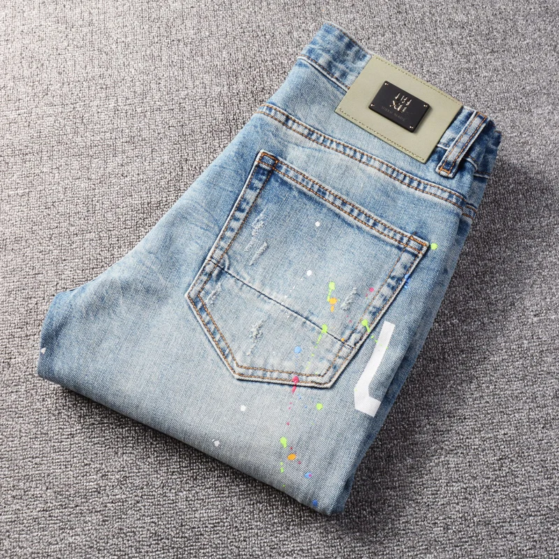 High Street Fashion Men Jeans Retro Light Blue Printed Ripped Jeans Men Painted Designer Patched Hip Hop Vintage Denim Pants
