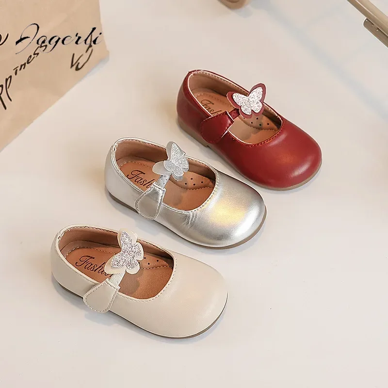 Spring Autumn Kids Girls Butterfly Small PU Leather Shoes New Soft-soled Princess Shoes Children's Loafer Flats