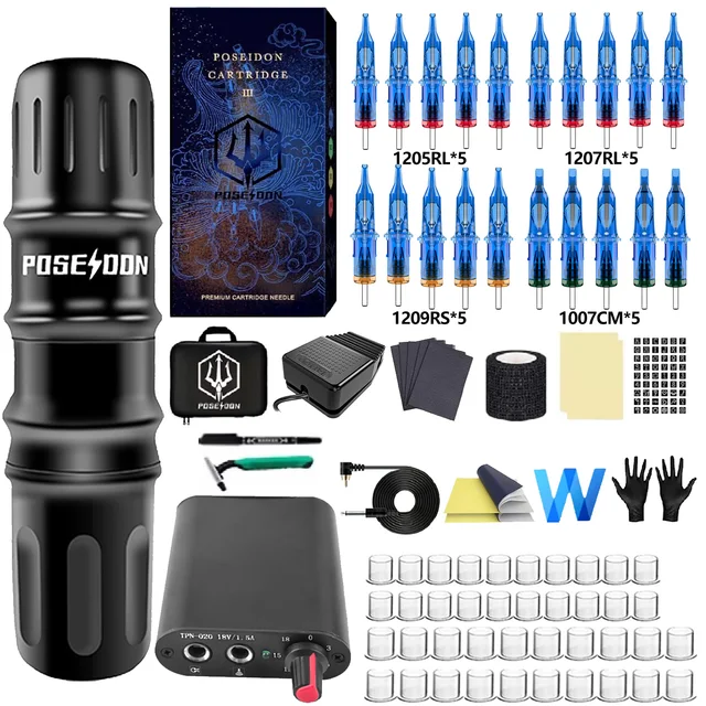 POSEIDON Tattoo Kit High Power Tattoo Pen Kit For Permanent Makeup Tattoo Machine Kit Black Tattoo Power Supply Tattoo Gun Kit