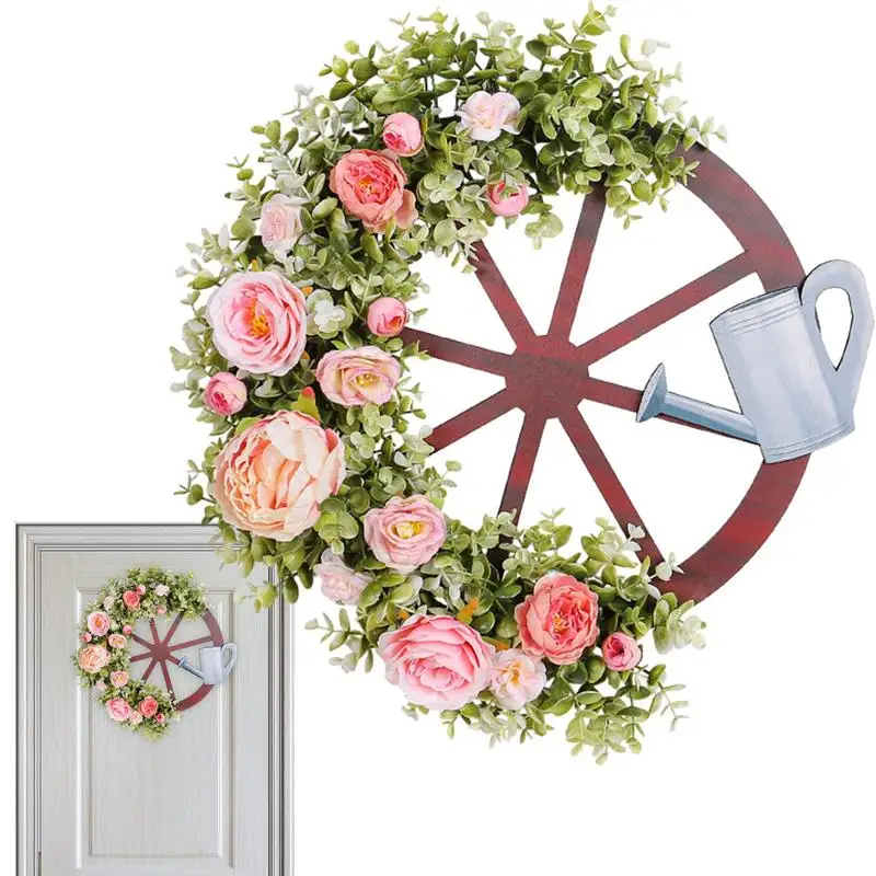 

Wheel Door Wreaths Artificial Flowers And Wheel Welcome Sign For Spring Decoration Watering Can Realistic And Creative Spring