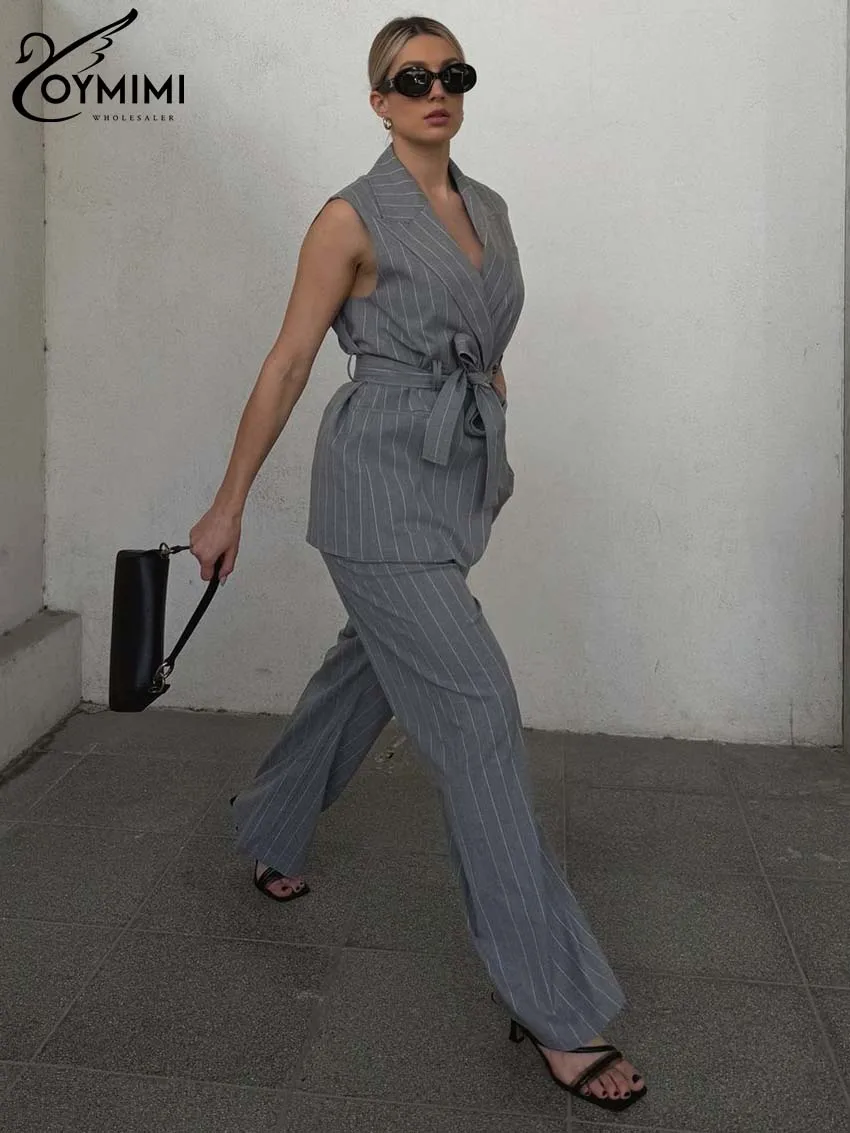 Oymimi Casual Grey Print Sets Womens 2 Piece Elegant Sleeveless Lace-Up Shirts And High Waisted Straight Pants Sets Office Lady