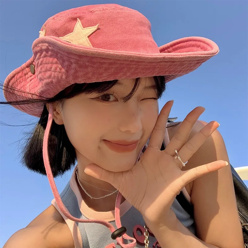 Žhavý výprodej růžových retro klobouků s velkou krempou, punkových hvězd Y2K, letních venkovních, slunečních, horolezeckých, kovbojských, ležérních, jazzových_voghion.com