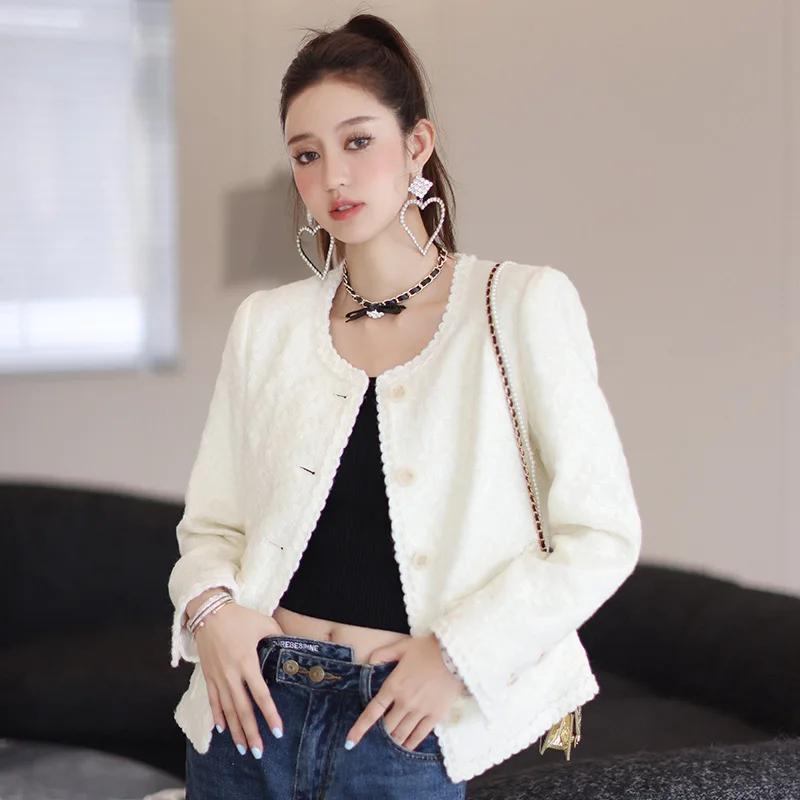 

High quality 2023 Fall Winter Women's White Tweed Jacket Coat Ladies Wild White Basic Coat Female Outerwear