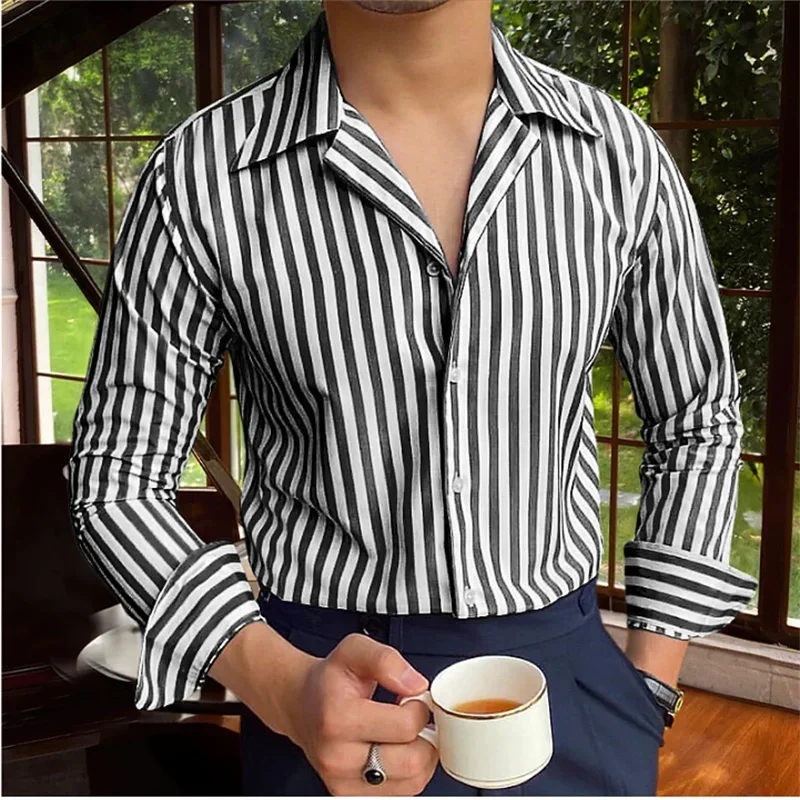 

Men's shirt button-up shirt summer shirt blue long sleeve striped lapel vacation clothing fashionable casual comfortable S-6XL