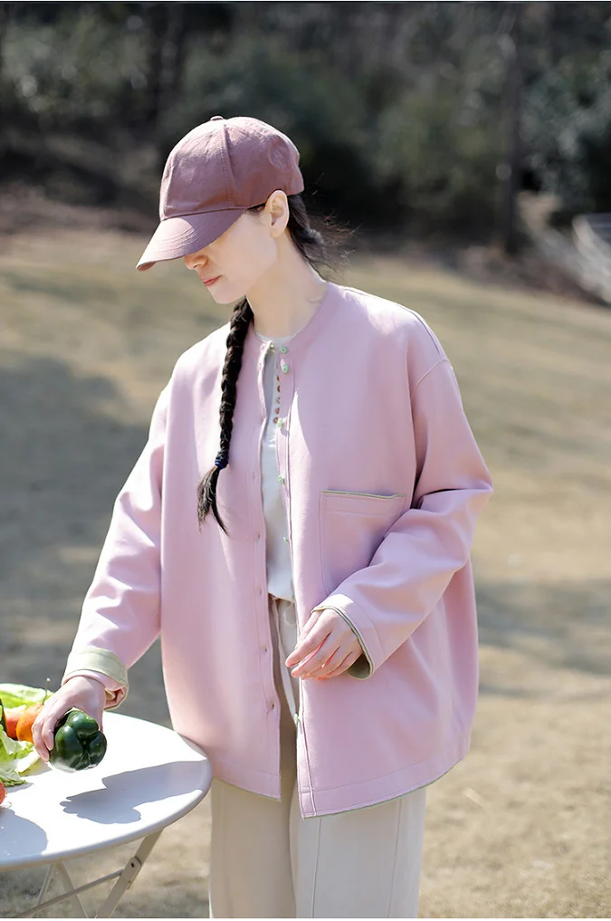 

2022 spring and summer new literature and art pure color leisure loose stand collar button cardigan coats S417-8