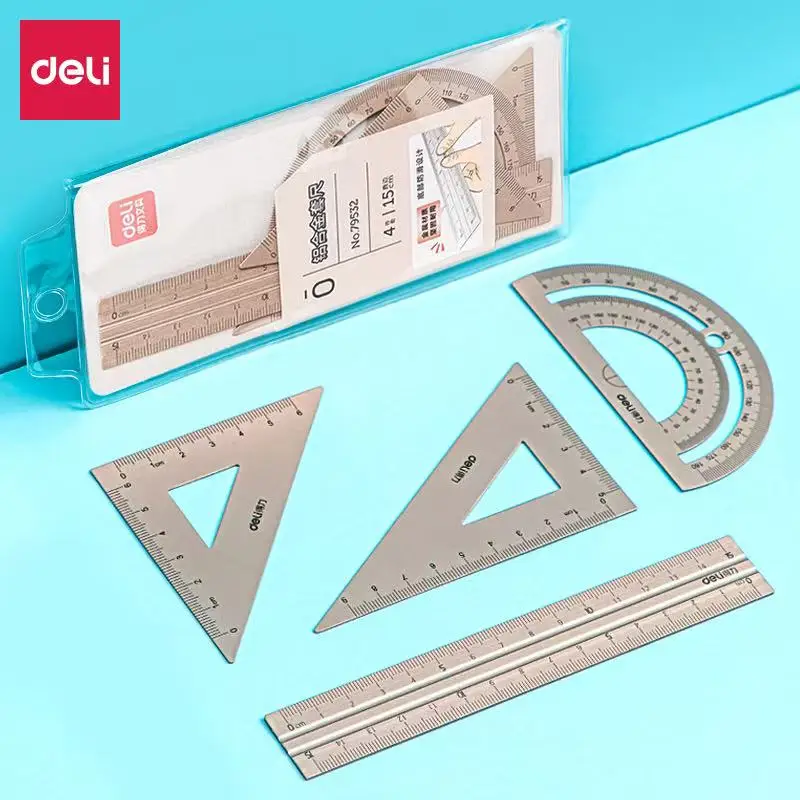Aluminum Drafting Set 4 PCS Ruler Set for School Straight Ruler Triangular Protractor Stationery