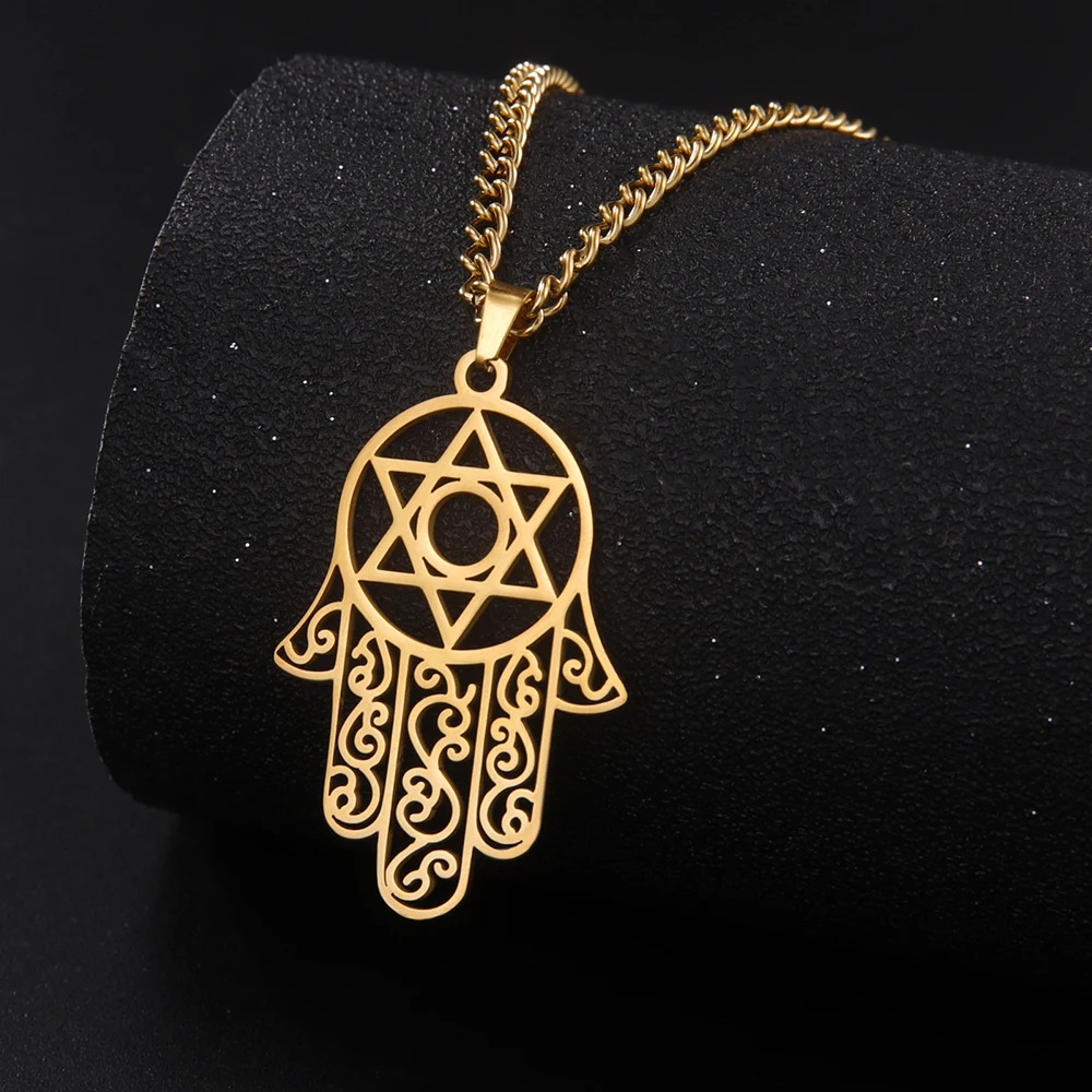 Dawapara Vintage filigrane Hamsa Hand von Fatima Stern von David Hexagramm Halskette viel Glück Erfolg Amulett Schmuck Edelstahl – Detail 18