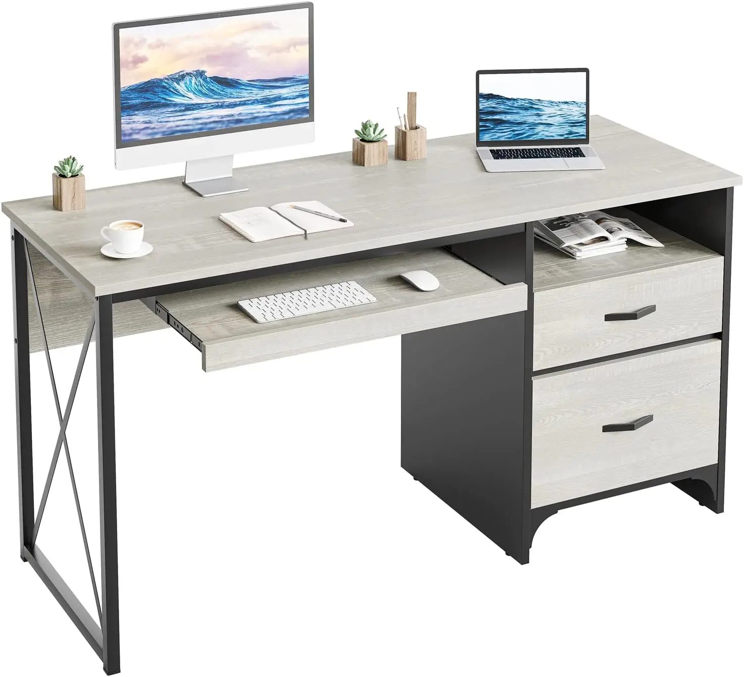 Bestier Office Desk with Drawers, 55 inch Industrial Computer Desk with Storage, Wood Teacher Desk with Keyboard Tray & File