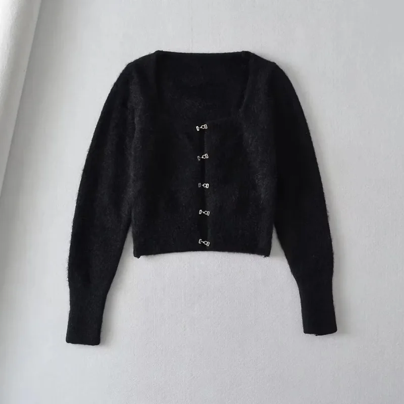 Women Cropped Fluffy Knit Cardigan Top With Square Neck And Hook Eye Front Detail