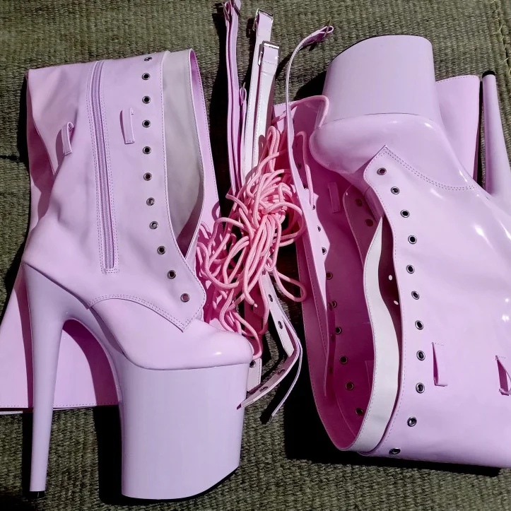 Pink 12-23cm high heel boots, buckled openings with round toe boots, dancers sexy 8-inch buckled, thigh-high boots