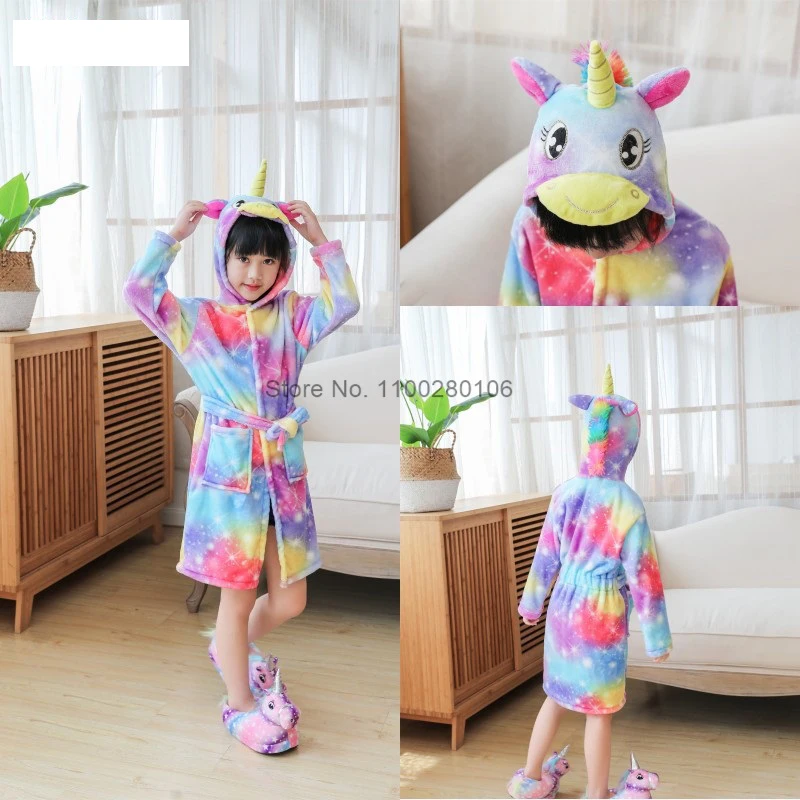 Winter Unicorn Bath Robe For Girls Pajamas Animal Hooded Robes Children Dressing Gown Boys Sleepwear Kids Bathrobe